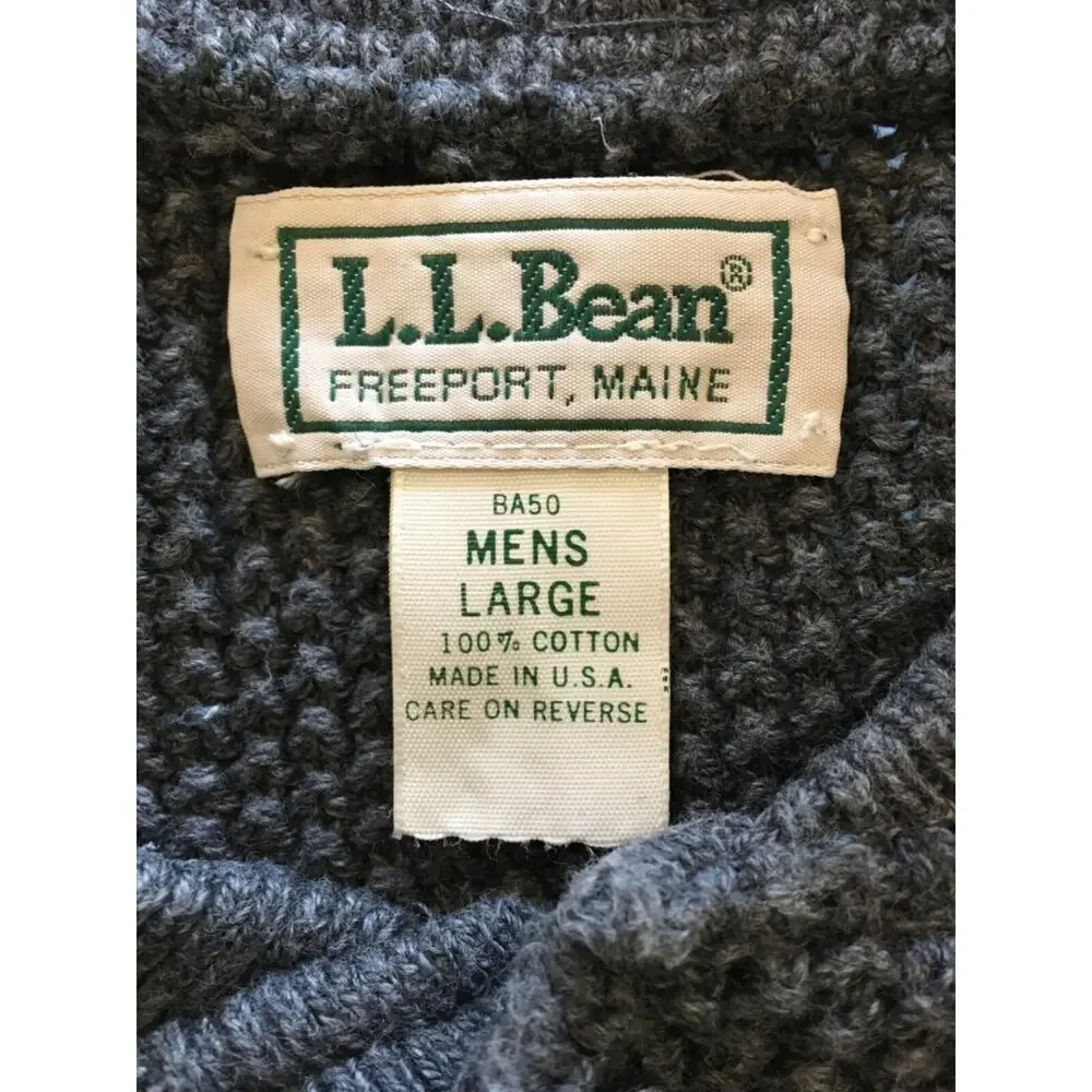 VTG LL Bean Knit Fisherman Henley Sweater Mens Sz L Gray BA50 Cotton Made In USA - Picture 9 of 13